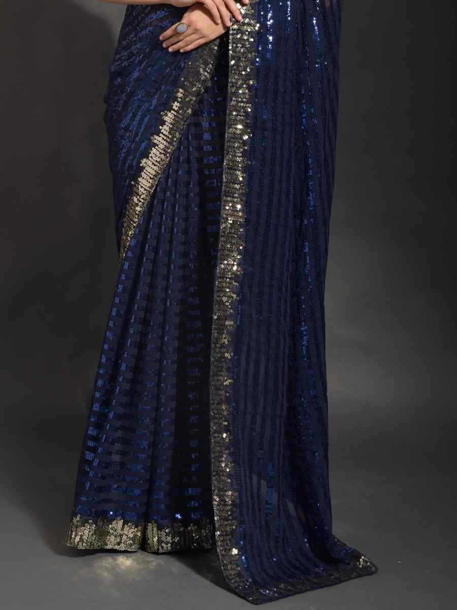 Blue Georgette Embroidered Party Festival Classic Style Saree