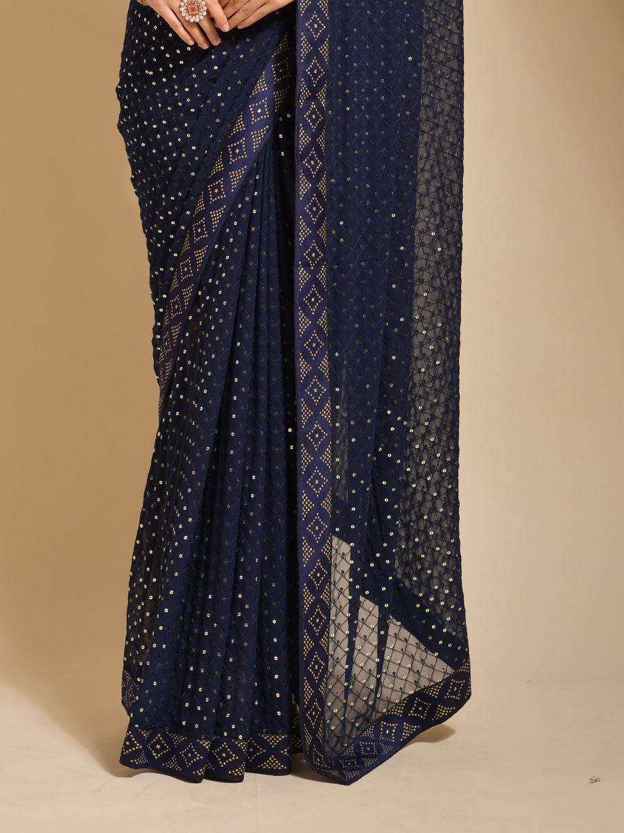 Blue Georgette Embroidered Party Festival Classic Style Saree