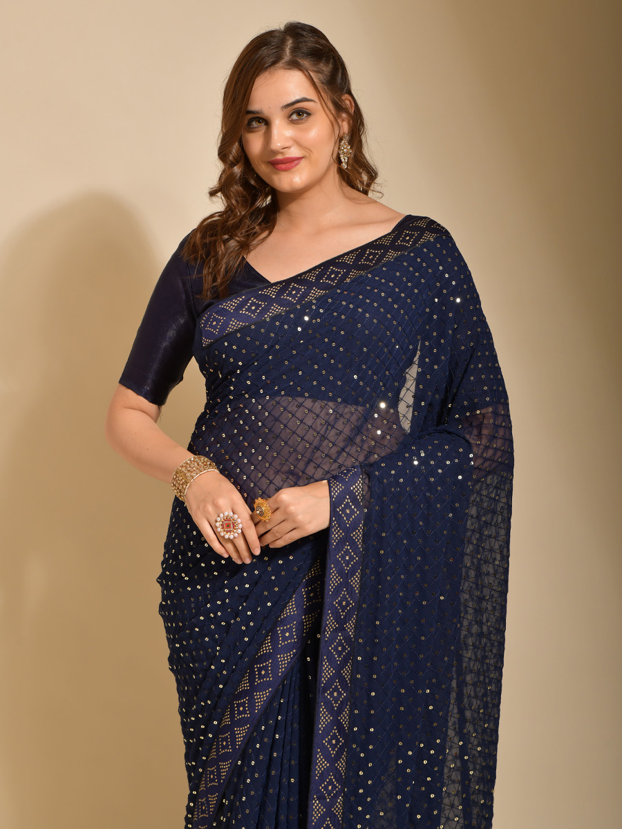 Blue Georgette Embroidered Party Festival Classic Style Saree
