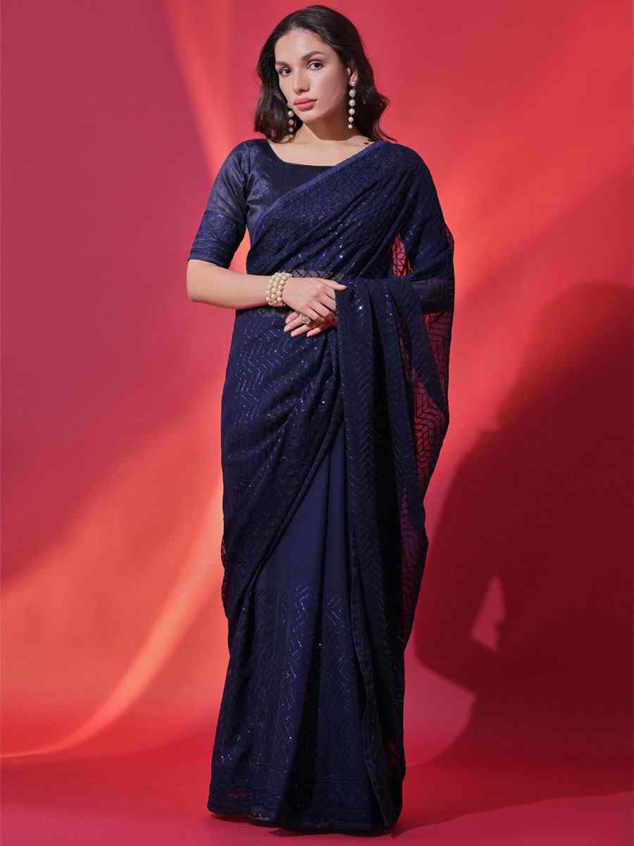 Blue Georgette Embroidered Party Reception Heavy Border Saree