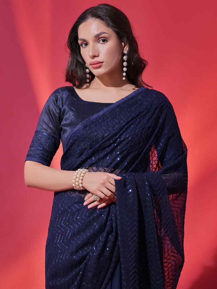 Blue Georgette Embroidered Party Reception Heavy Border Saree