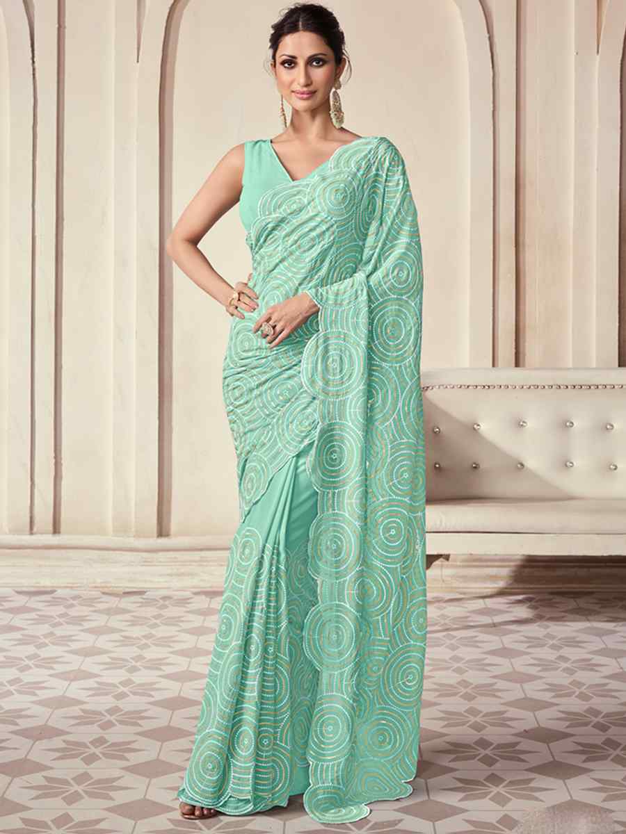 Blue Georgette Embroidered Party Wedding Classic Style Saree