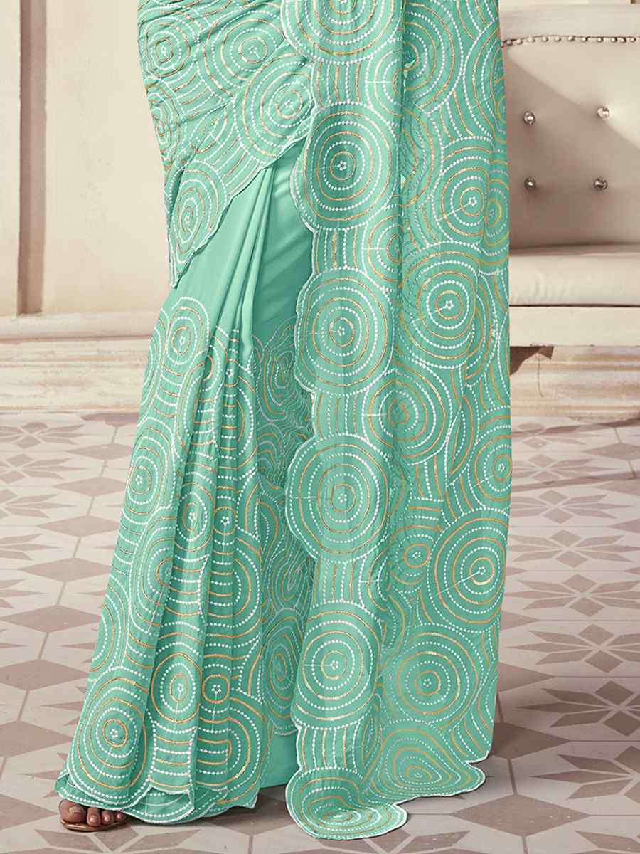 Blue Georgette Embroidered Party Wedding Classic Style Saree