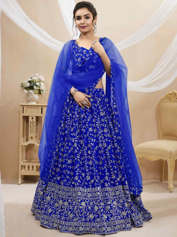 Blue Georgette Embroidered Reception Wedding Heavy Border Lehenga Choli