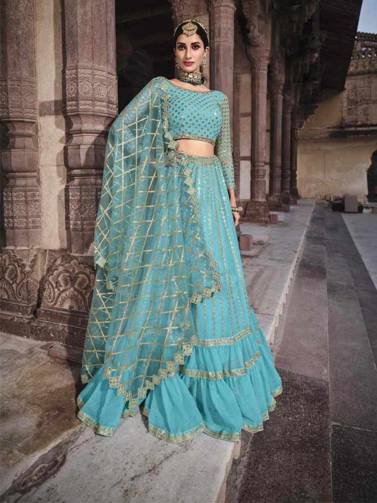 Blue Georgette Embroidered Wedding Bridesmaid Heavy Border Lehenga Choli