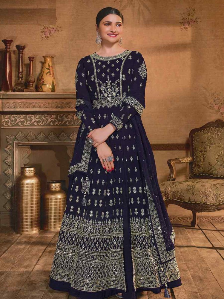 Blue Georgette Embroidered Wedding Festival Anarkali Bollywood Style Salwar Kameez