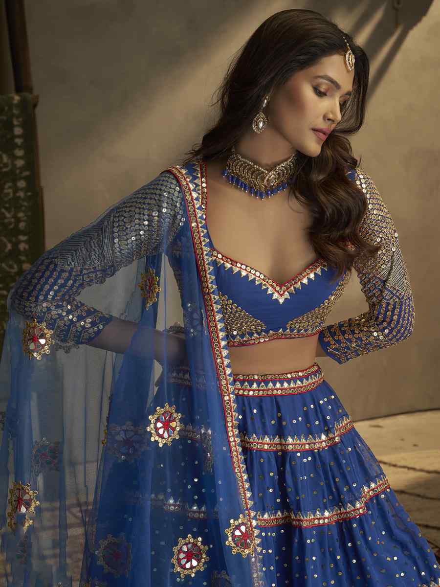 Blue Georgette Embroidered Wedding Festival Circular Lehenga Choli