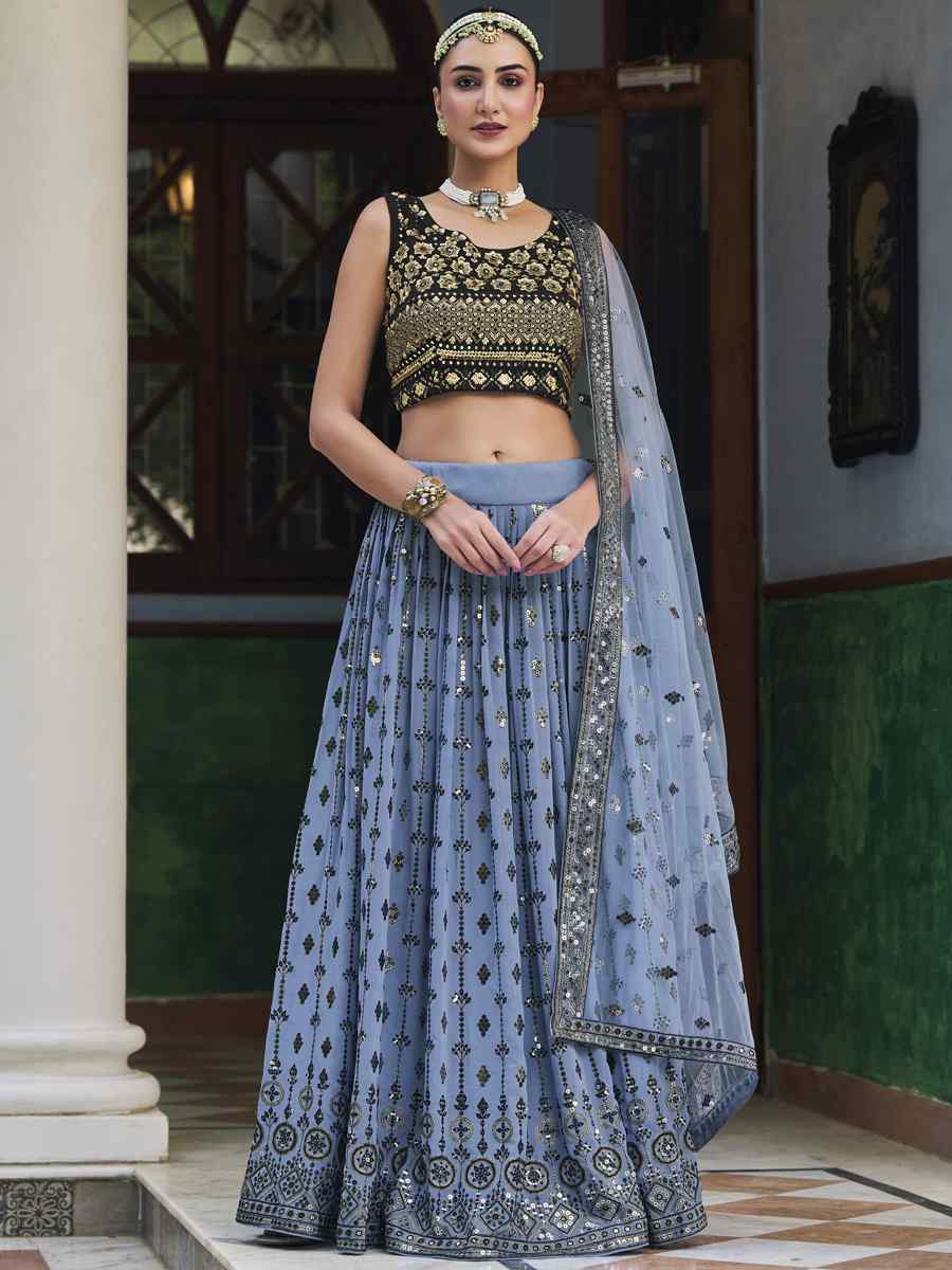 Blue Georgette Embroidered Wedding Festival Heavy Border Lehenga Choli