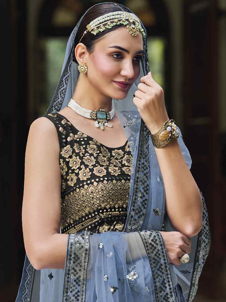 Blue Georgette Embroidered Wedding Festival Heavy Border Lehenga Choli