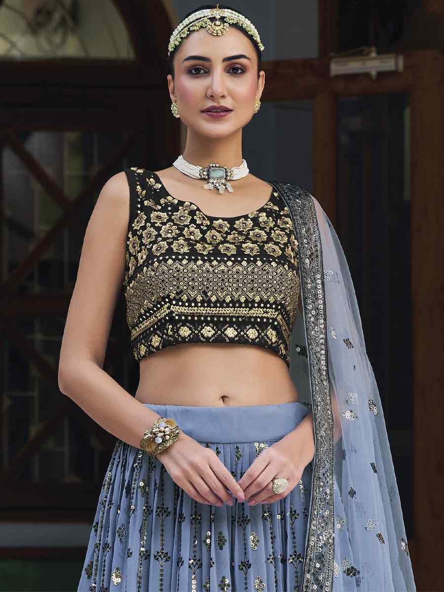 Blue Georgette Embroidered Wedding Festival Heavy Border Lehenga Choli