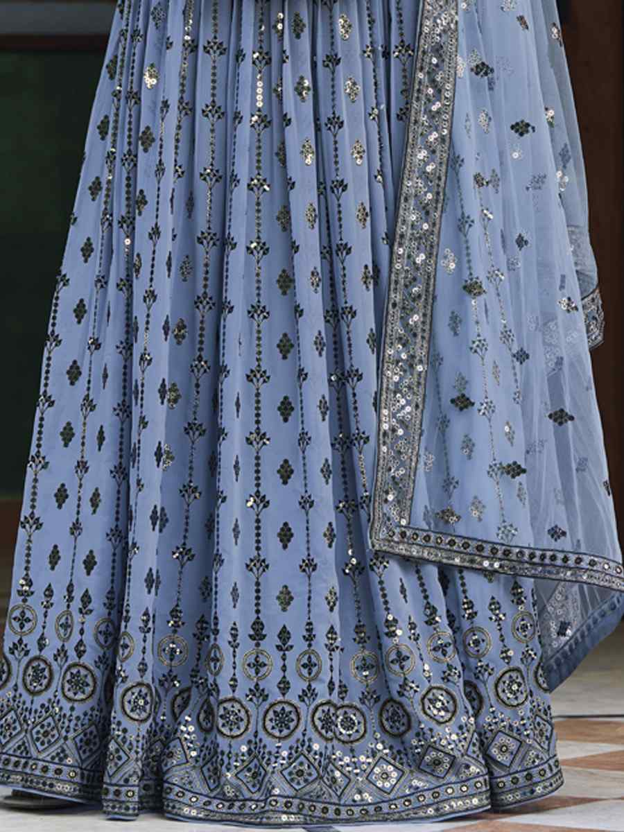 Blue Georgette Embroidered Wedding Festival Heavy Border Lehenga Choli