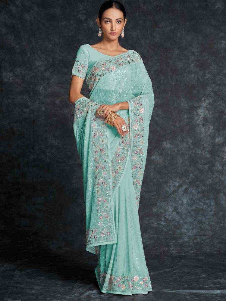 Blue Georgette Embroidered Wedding Festival Heavy Border Saree