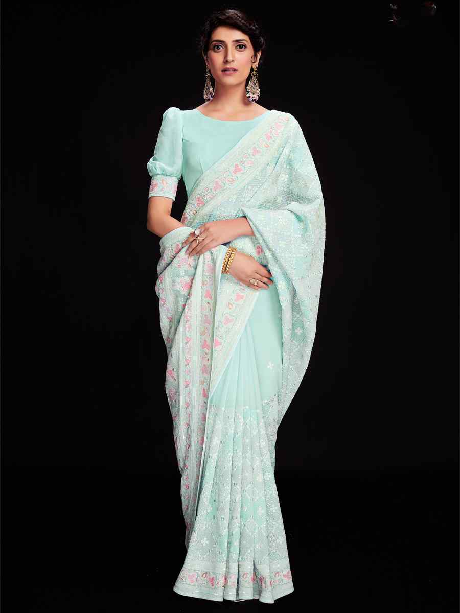 Blue Georgette Embroidered Wedding Festival Heavy Border Saree