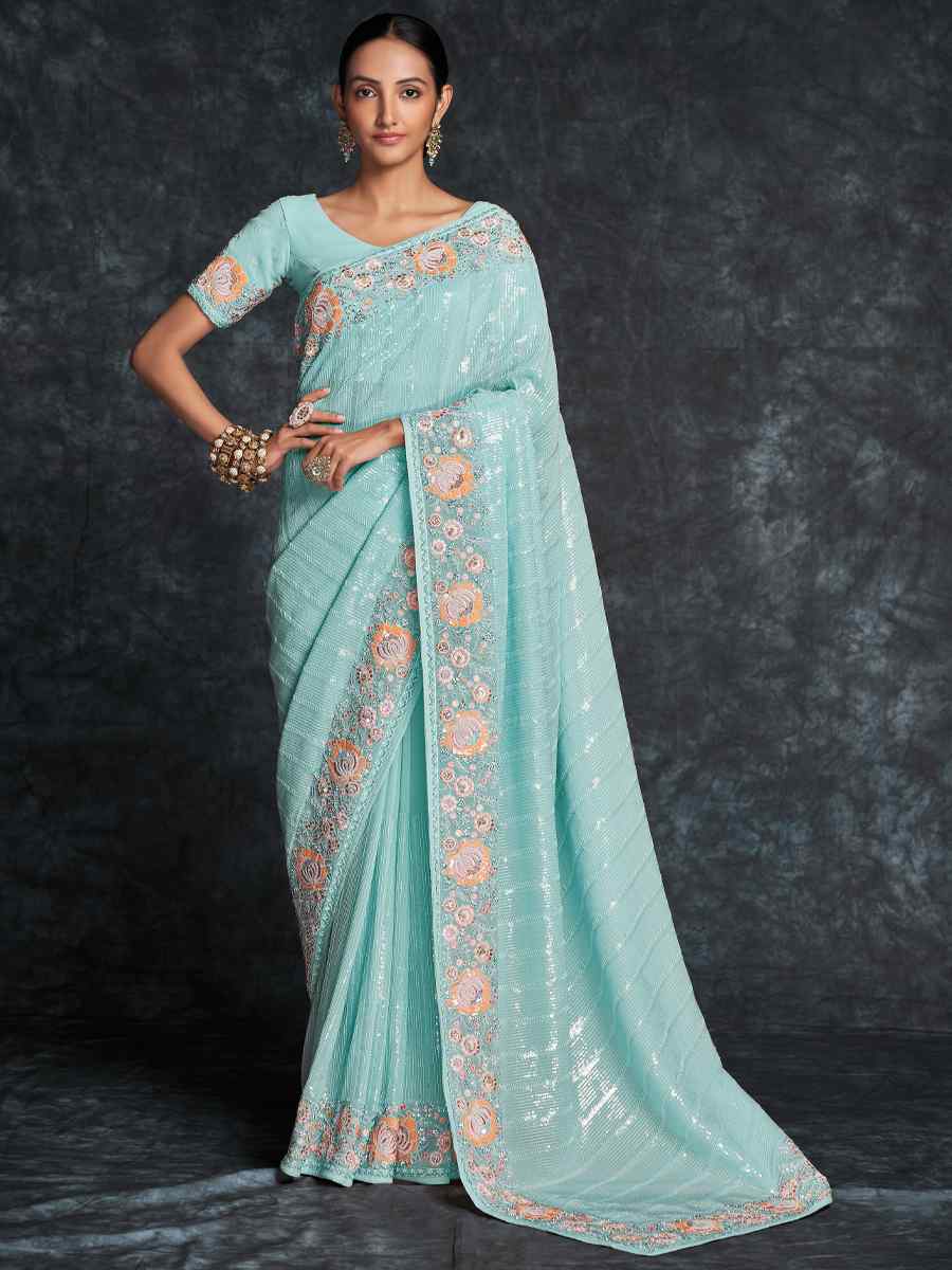 Blue Georgette Embroidered Wedding Festival Heavy Border Saree