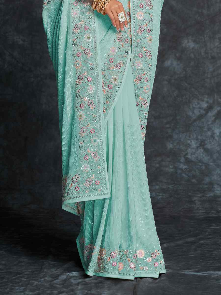 Blue Georgette Embroidered Wedding Festival Heavy Border Saree