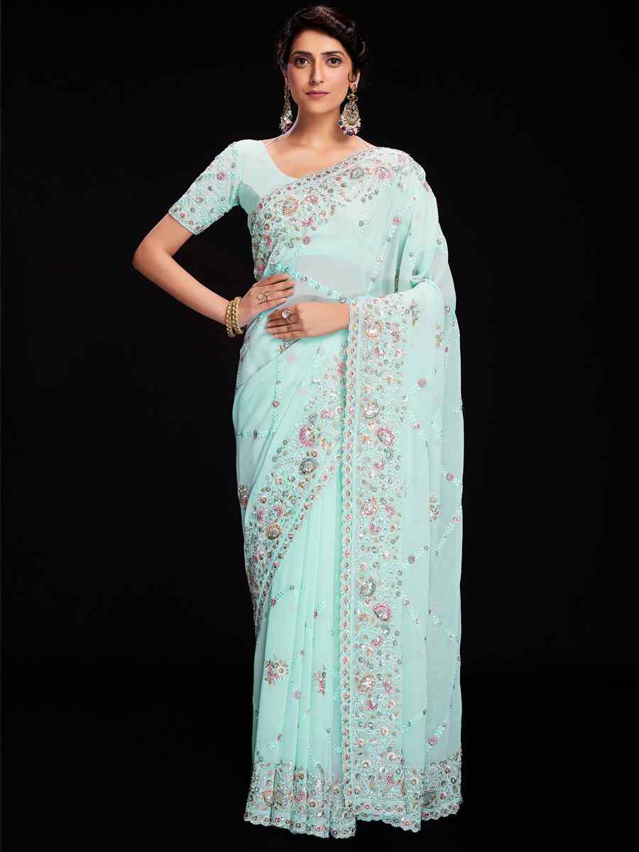 Blue Georgette Embroidered Wedding Festival Heavy Border Saree