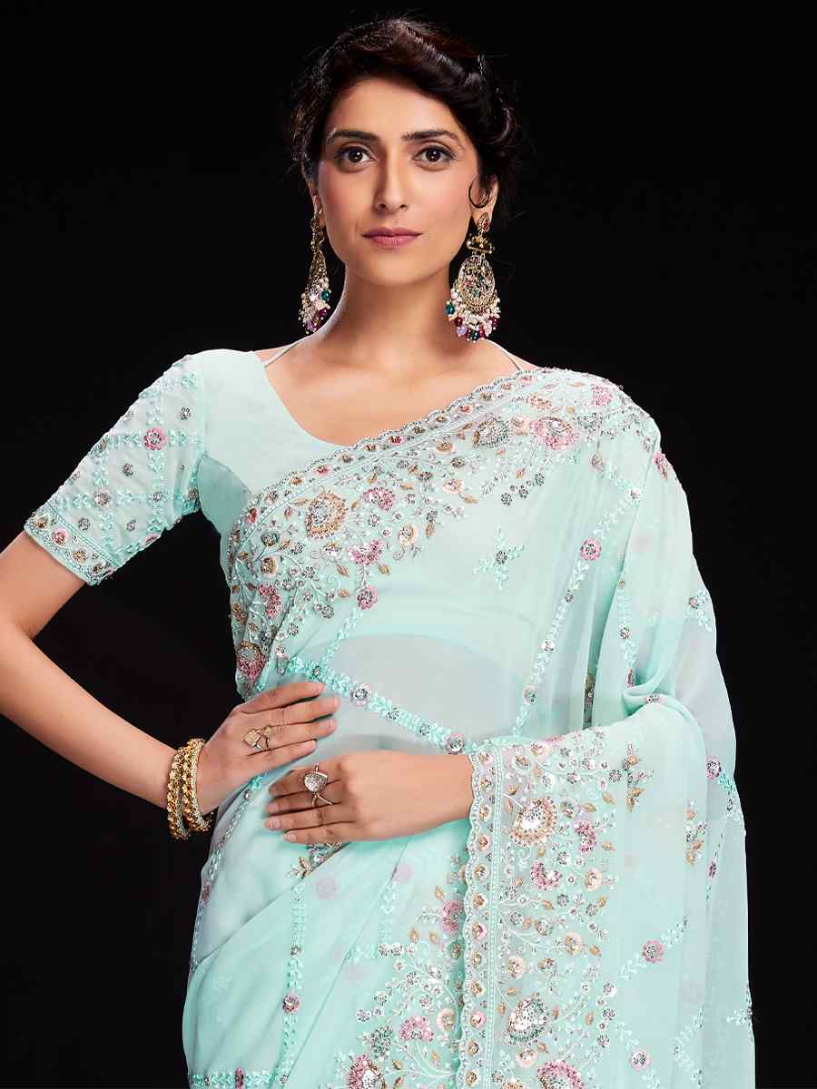 Blue Georgette Embroidered Wedding Festival Heavy Border Saree