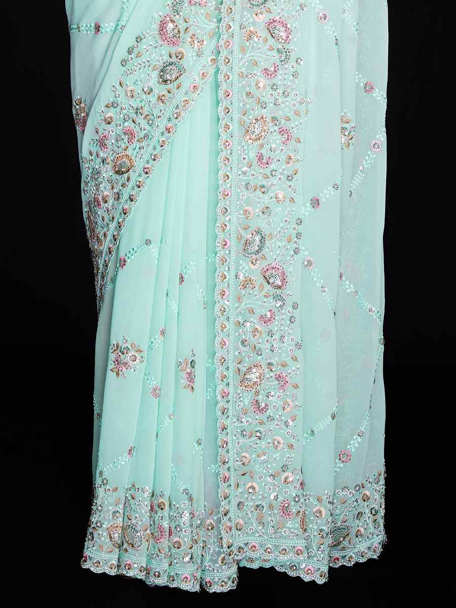 Blue Georgette Embroidered Wedding Festival Heavy Border Saree