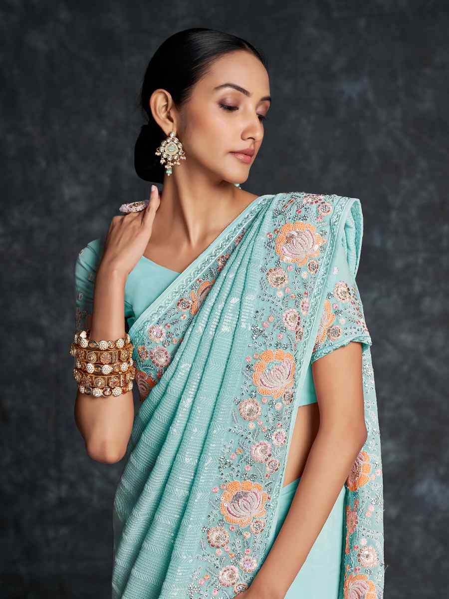 Blue Georgette Embroidered Wedding Festival Heavy Border Saree