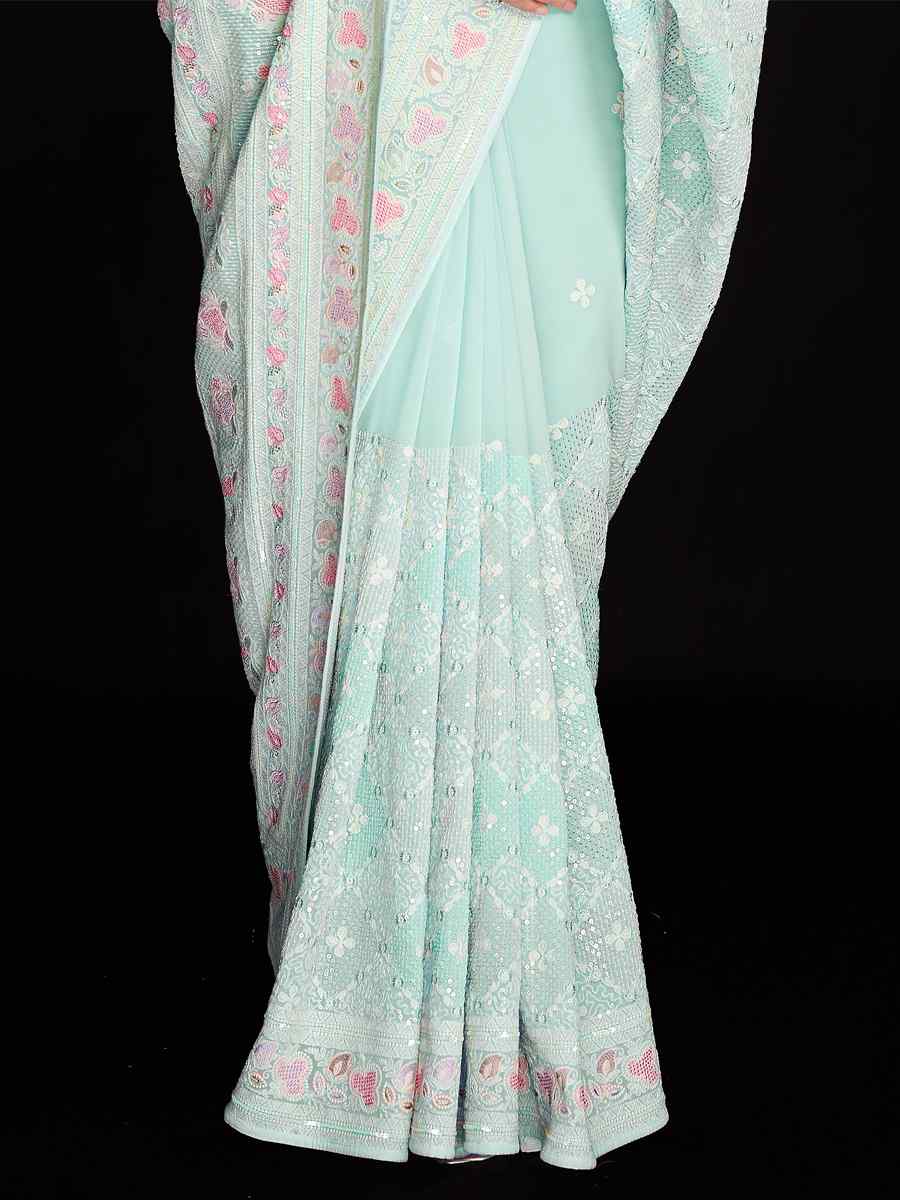Blue Georgette Embroidered Wedding Festival Heavy Border Saree