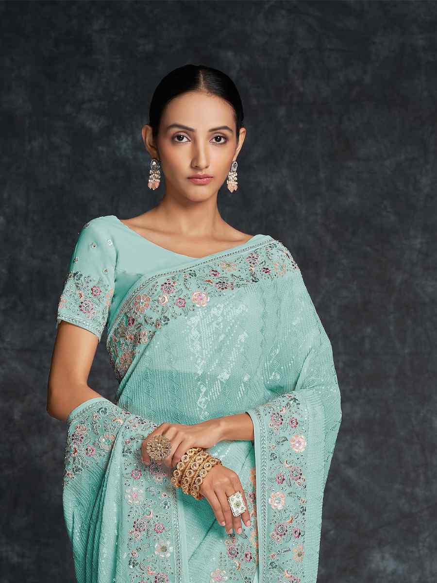 Blue Georgette Embroidered Wedding Festival Heavy Border Saree
