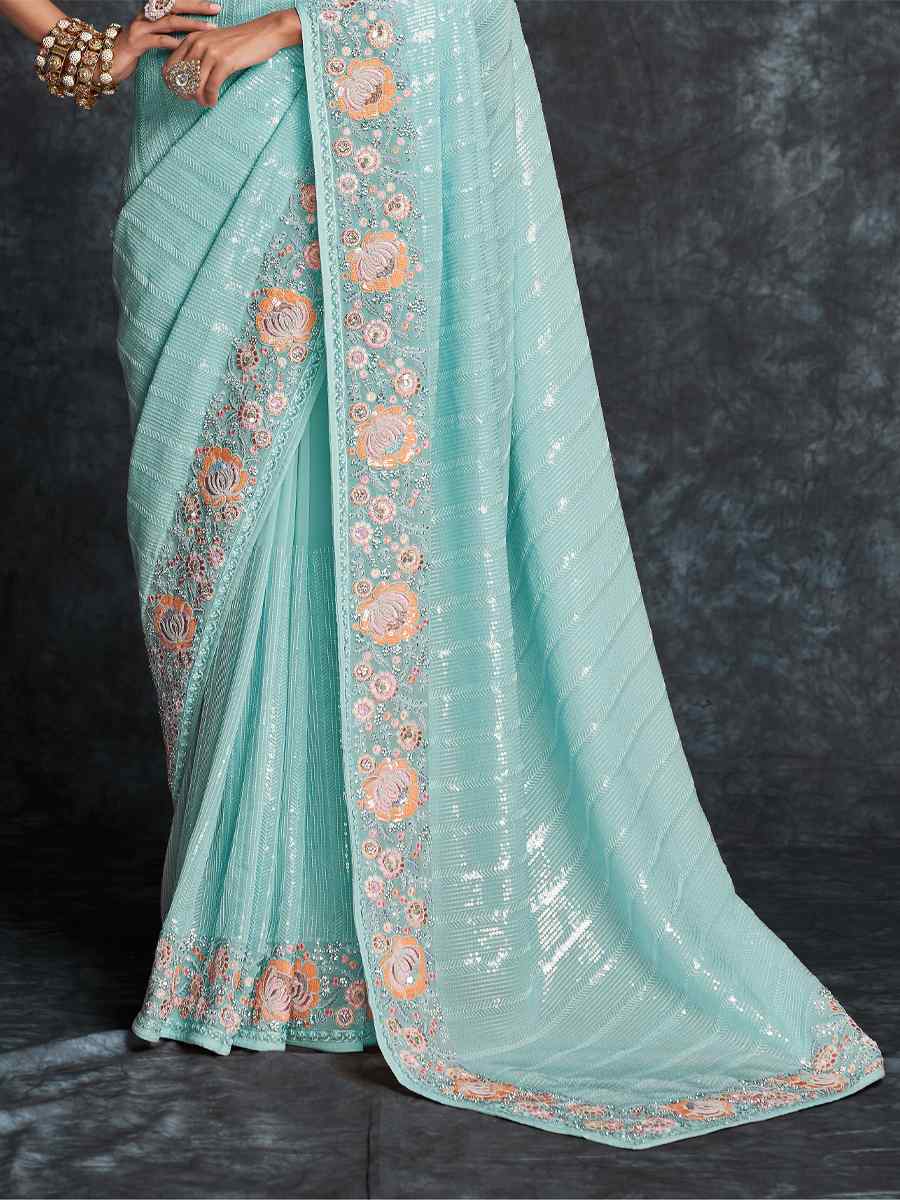 Blue Georgette Embroidered Wedding Festival Heavy Border Saree