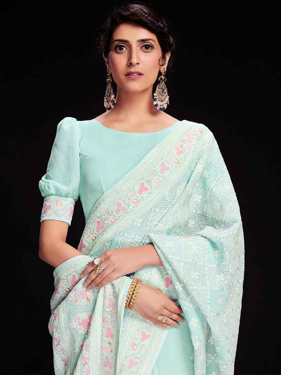 Blue Georgette Embroidered Wedding Festival Heavy Border Saree