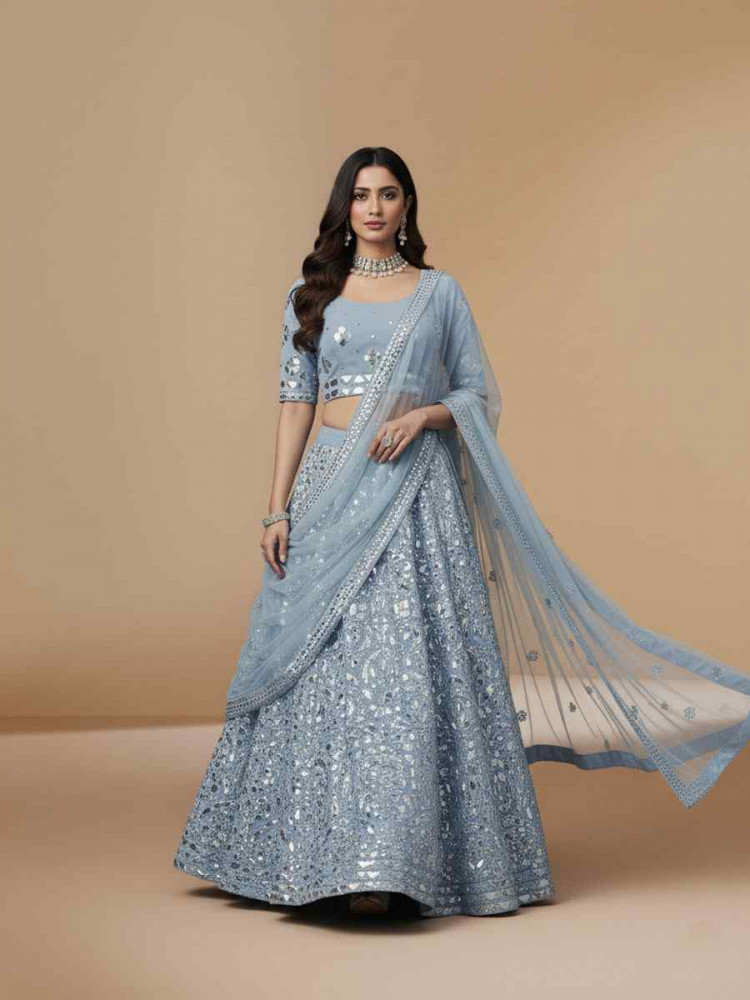 Image of Blue Georgette Embroidered Wedding Reception Festival Heavy Border Lehenga Choli