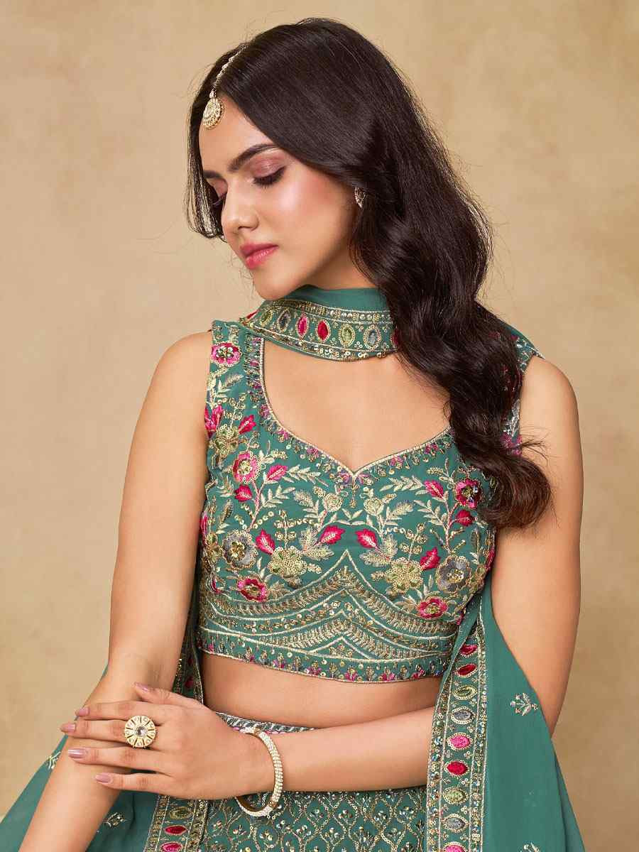 Blue Georgette Embroidered Wedding Reception Festival Heavy Border Lehenga Choli