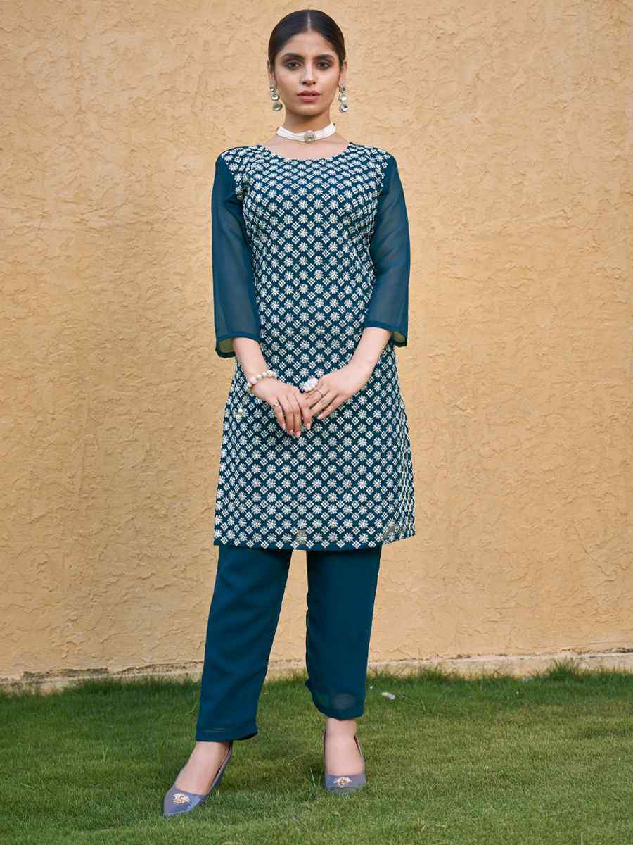 Blue Georgette Embroidery Festival Casual Kurti