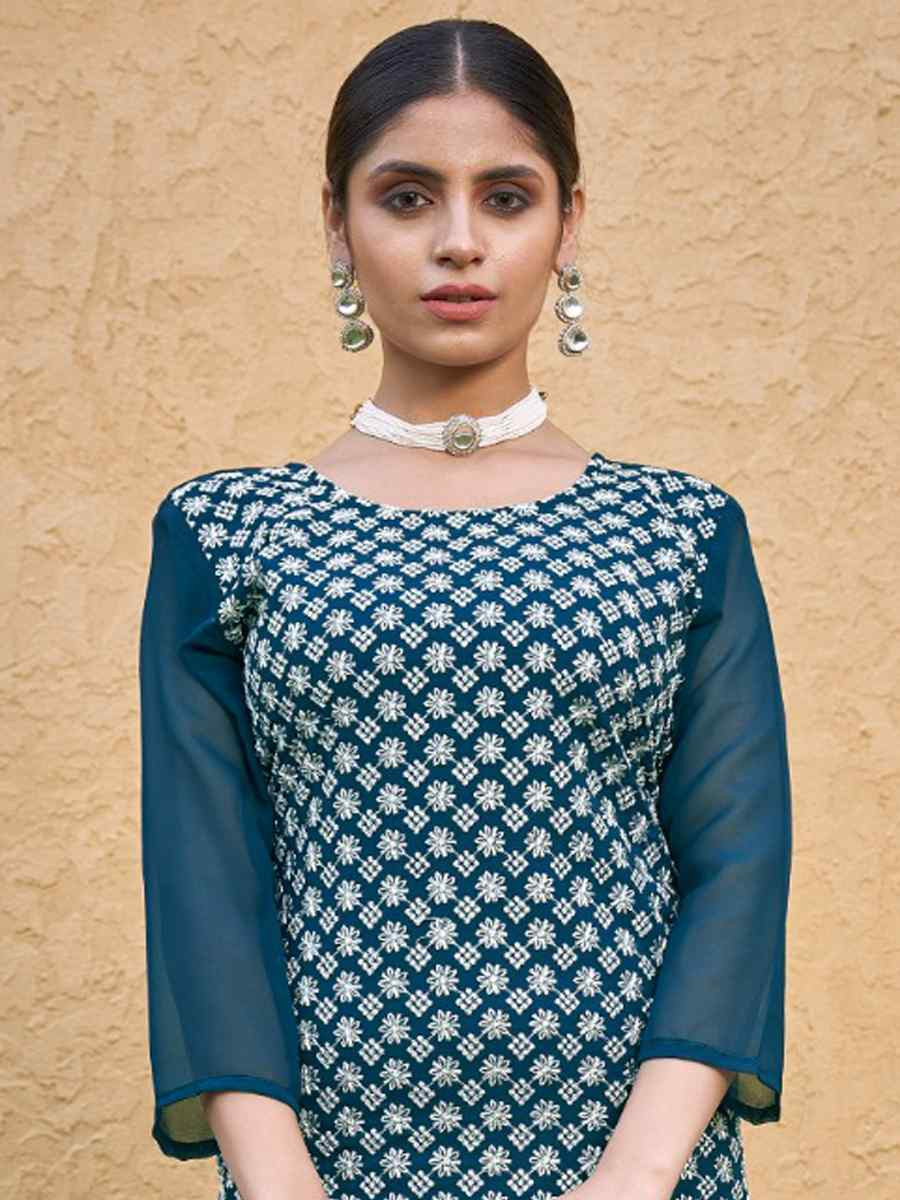 Blue Georgette Embroidery Festival Casual Kurti