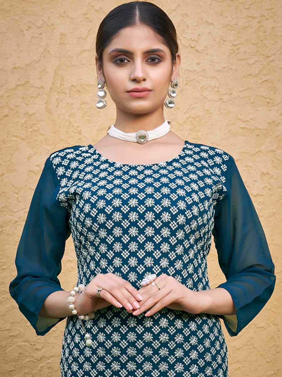 Blue Georgette Embroidery Festival Casual Kurti