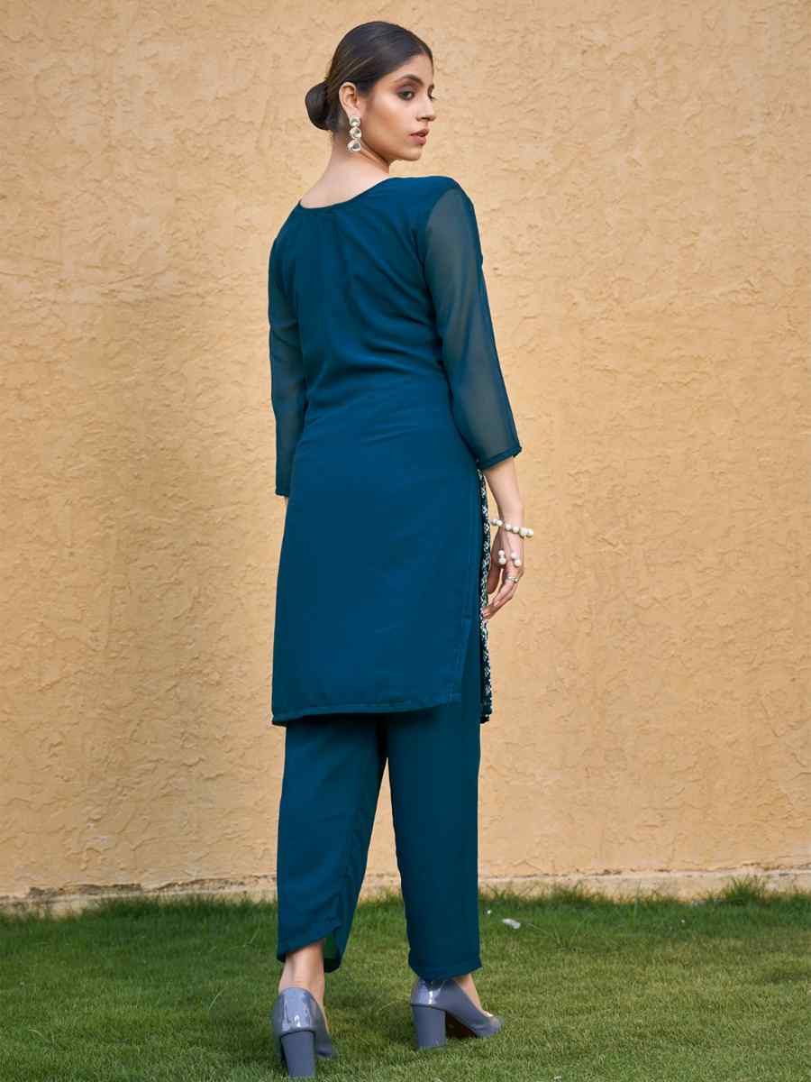 Blue Georgette Embroidery Festival Casual Kurti