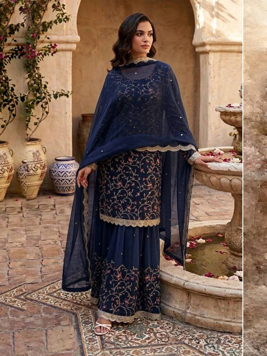 Blue Georgette Embroidery Sequins Wedding Party Festival Casual Ready Palazzo Pant Salwar Kameez