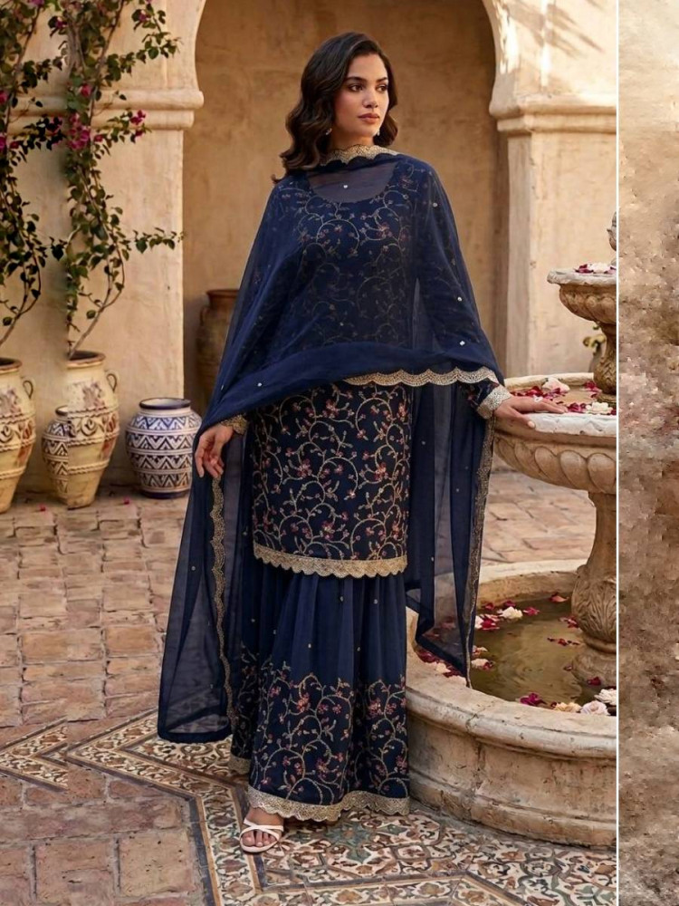 Image of Blue Georgette Embroidery Sequins Wedding Party Festival Casual Ready Palazzo Pant Salwar Kameez