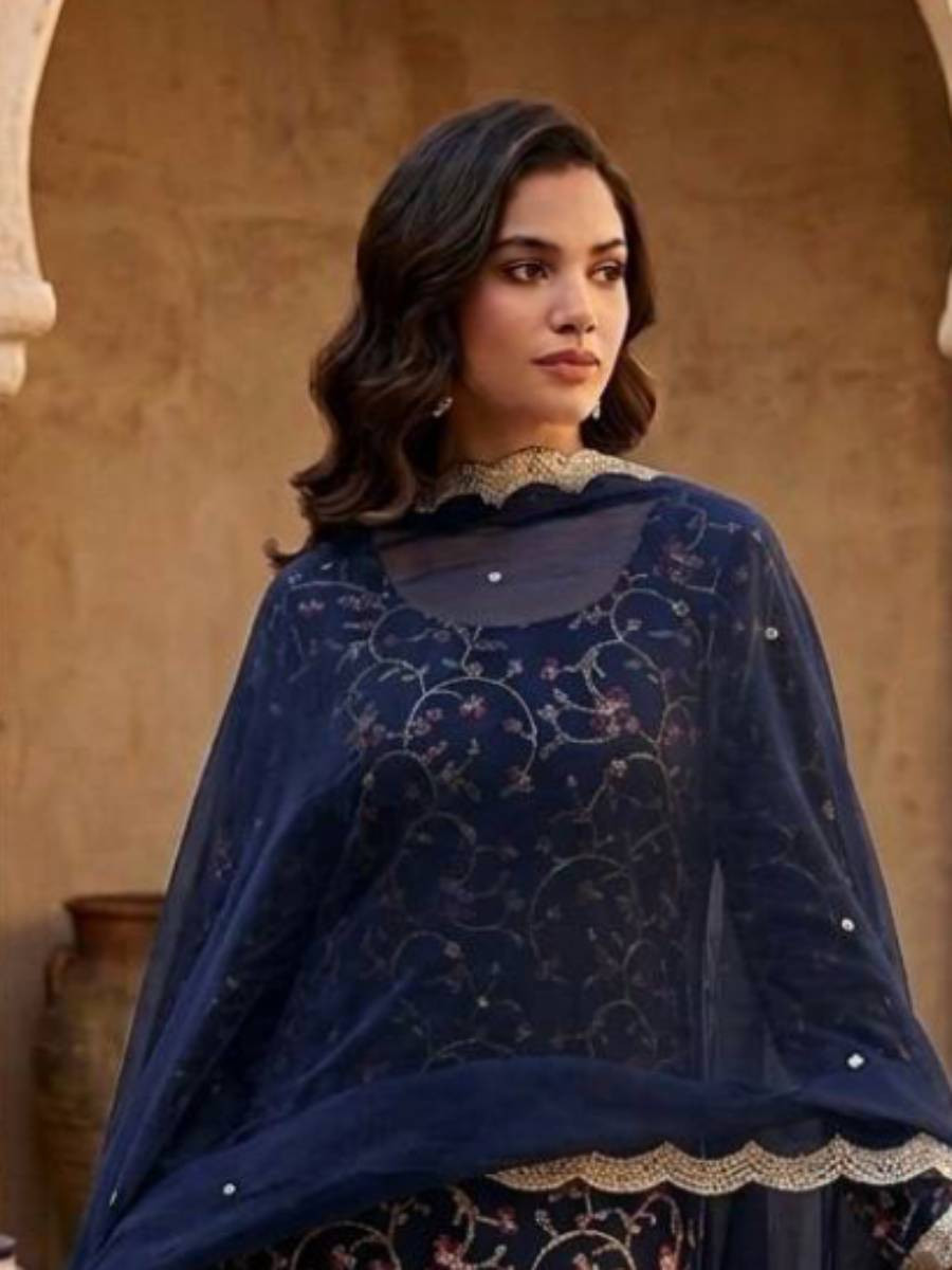 Blue Georgette Embroidery Sequins Wedding Party Festival Casual Ready Palazzo Pant Salwar Kameez