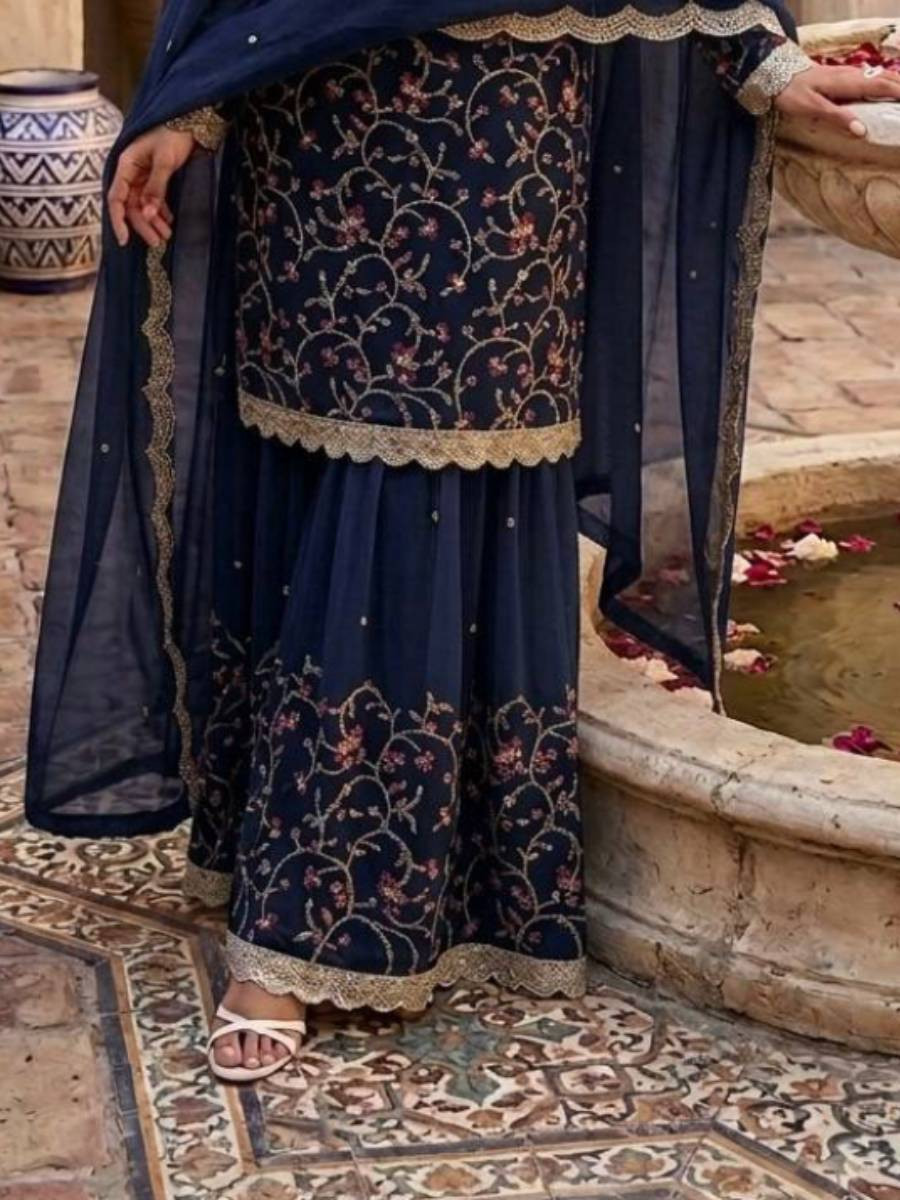 Blue Georgette Embroidery Sequins Wedding Party Festival Casual Ready Palazzo Pant Salwar Kameez