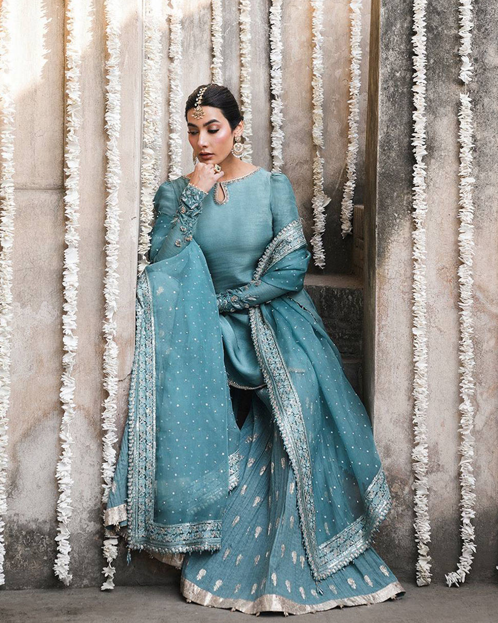 Blue Georgette Embroidery Sequins Work Wedding Festival Party Ready Palazzo Pant Salwar Kameez