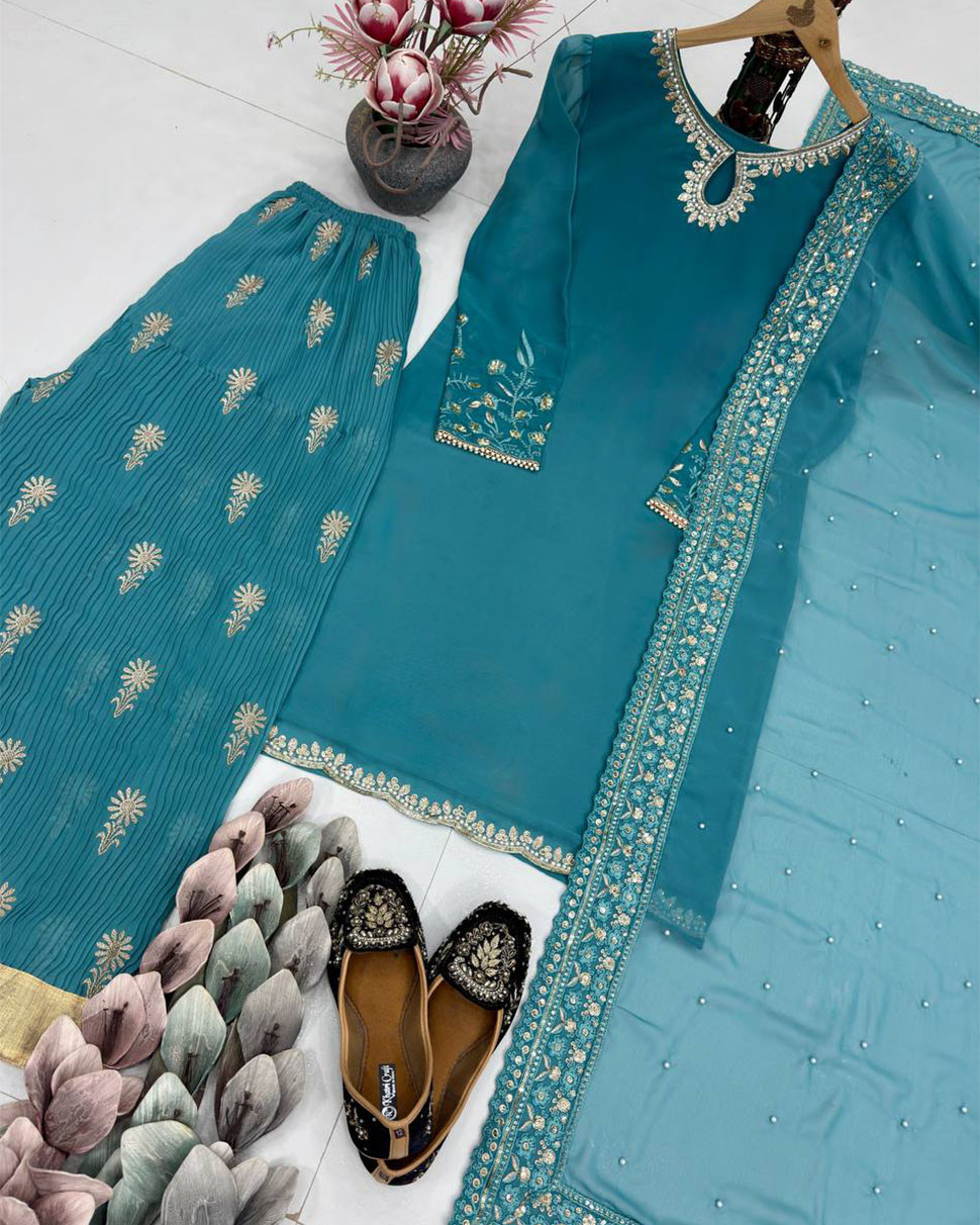Blue Georgette Embroidery Sequins Work Wedding Festival Party Ready Palazzo Pant Salwar Kameez
