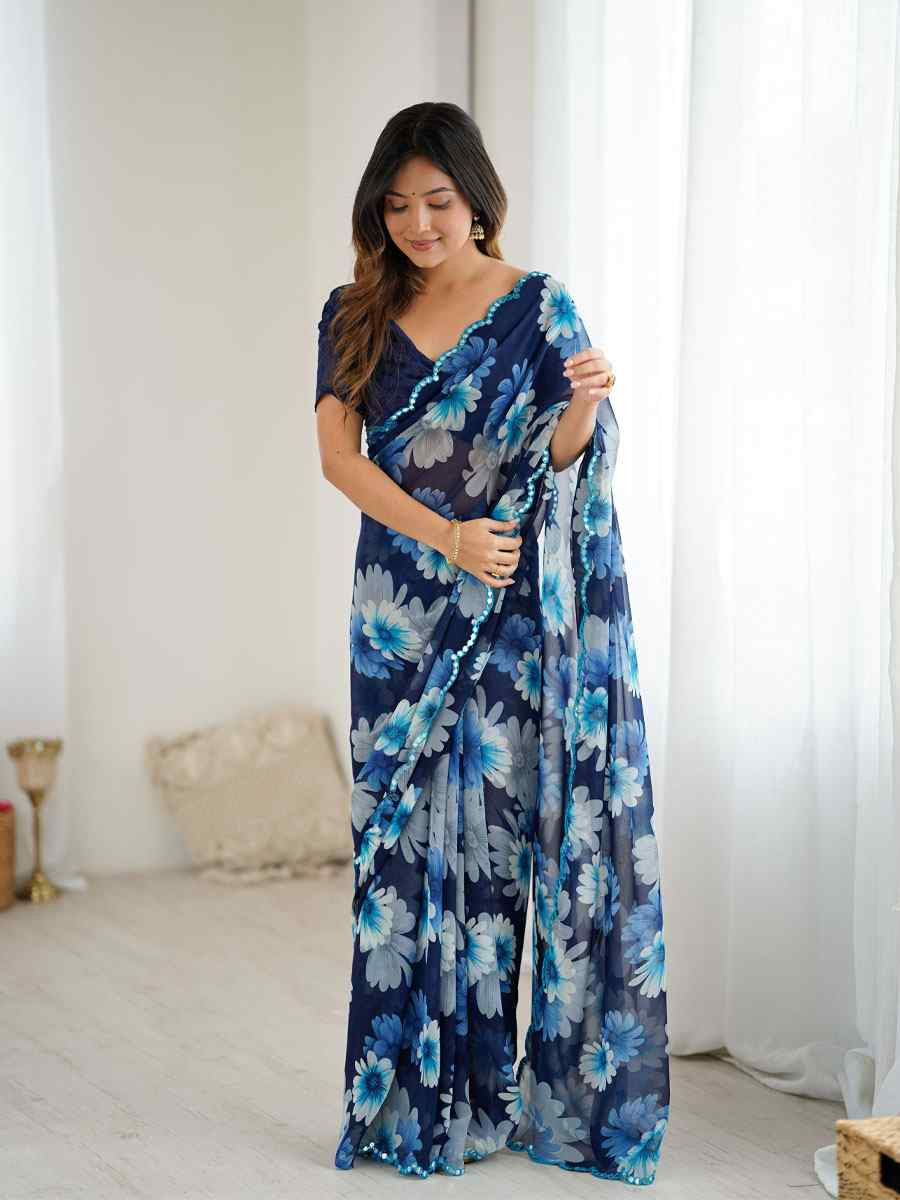 Blue Georgette Floral Print with Border Embroidery Party Bridal Reception Festival Wedding Fancy Classic Style Sarees