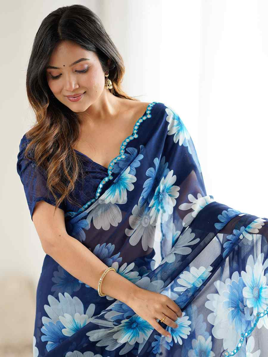 Blue Georgette Floral Print with Border Embroidery Party Bridal Reception Festival Wedding Fancy Classic Style Sarees