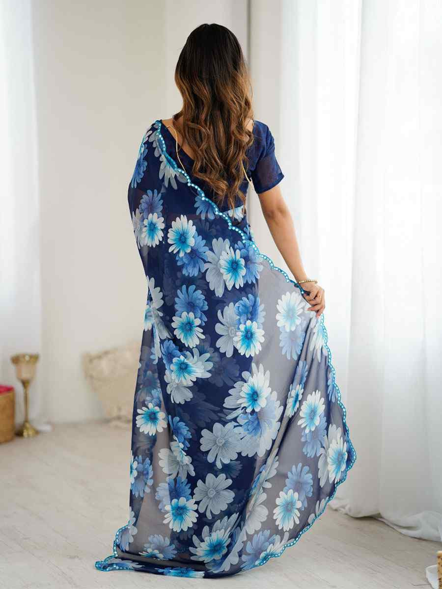 Blue Georgette Floral Print with Border Embroidery Party Bridal Reception Festival Wedding Fancy Classic Style Sarees