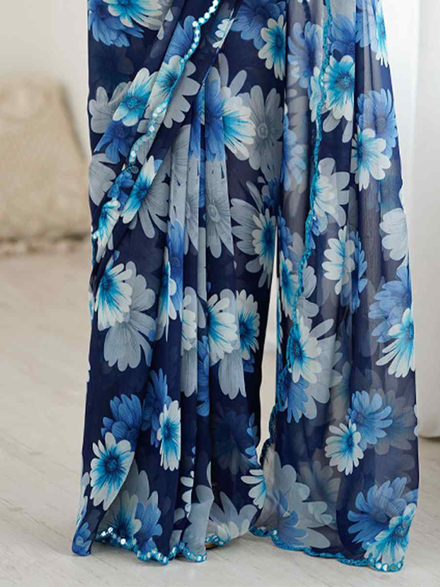 Blue Georgette Floral Print with Border Embroidery Party Bridal Reception Festival Wedding Fancy Classic Style Sarees