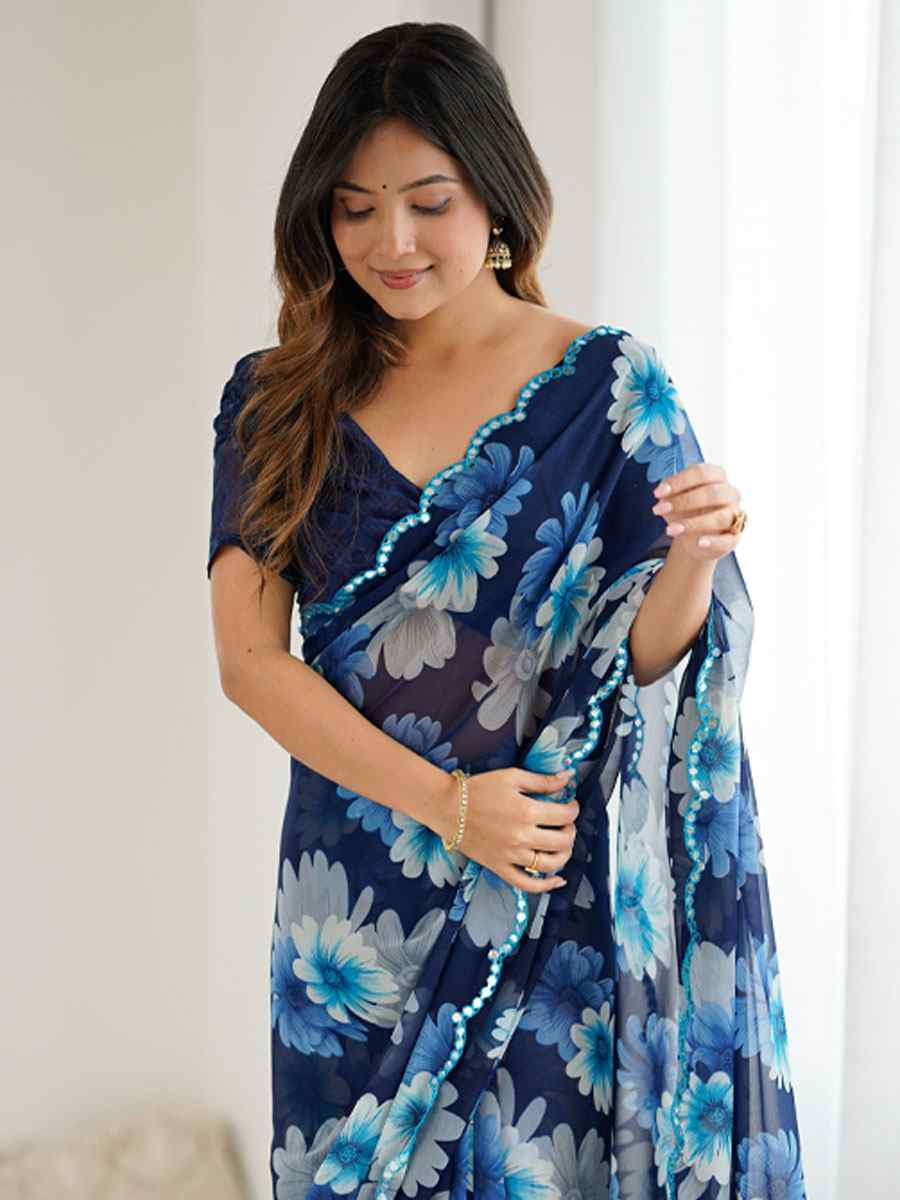 Blue Georgette Floral Print with Border Embroidery Party Bridal Reception Festival Wedding Fancy Classic Style Sarees
