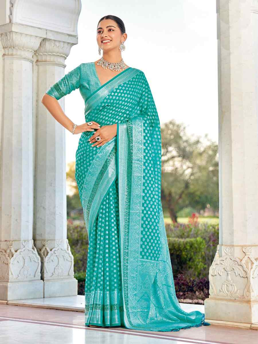 Blue Georgette Handwoven Zari Bridal Reception Festival Wedding Fancy Heavy Border Saree