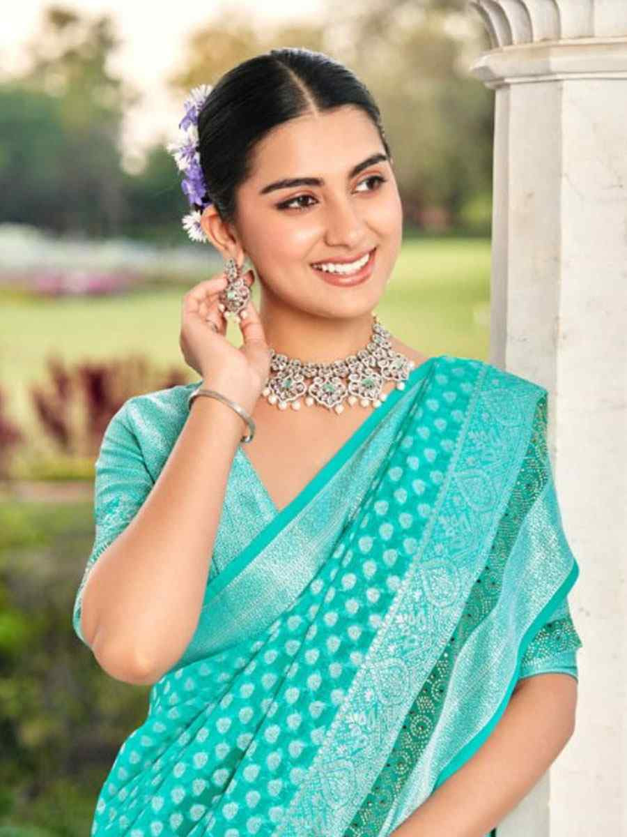 Blue Georgette Handwoven Zari Bridal Reception Festival Wedding Fancy Heavy Border Saree