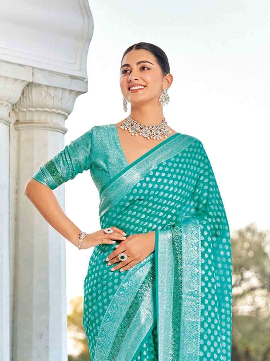 Blue Georgette Handwoven Zari Bridal Reception Festival Wedding Fancy Heavy Border Saree