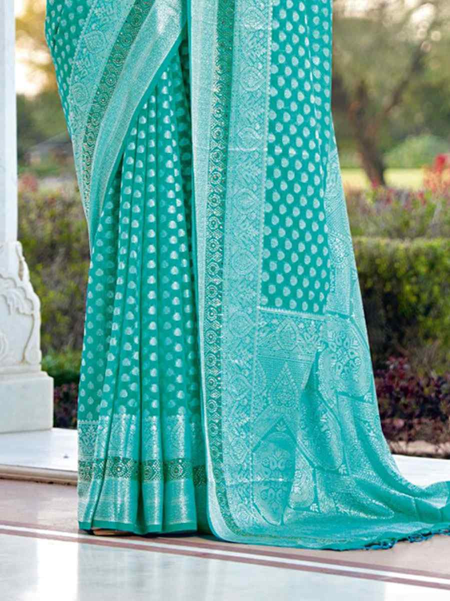 Blue Georgette Handwoven Zari Bridal Reception Festival Wedding Fancy Heavy Border Saree