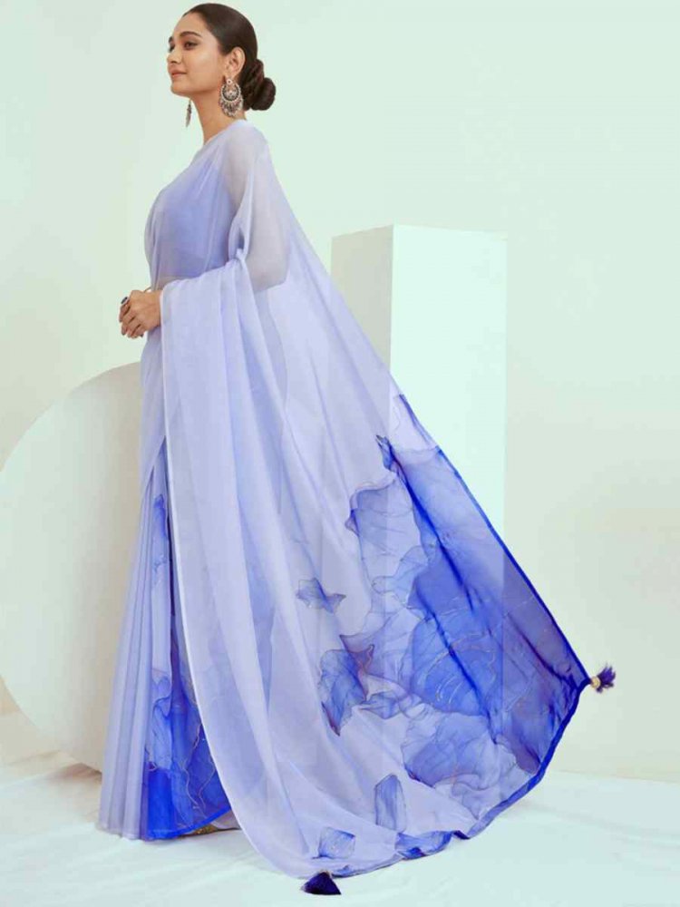 Blue Georgette Printed Casual Festival Contemporary Saree