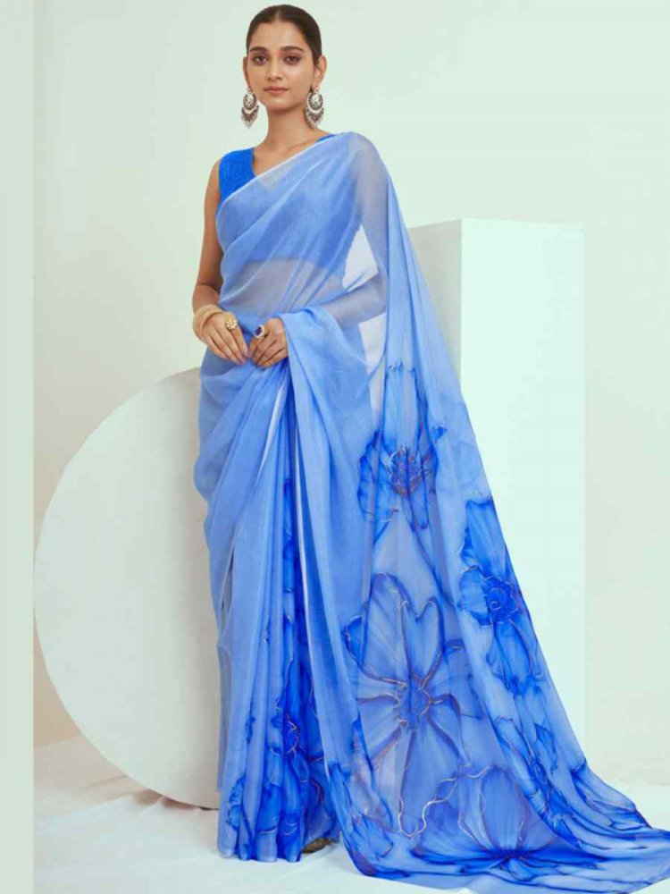 Blue Georgette Printed Casual Festival Contemporary Saree